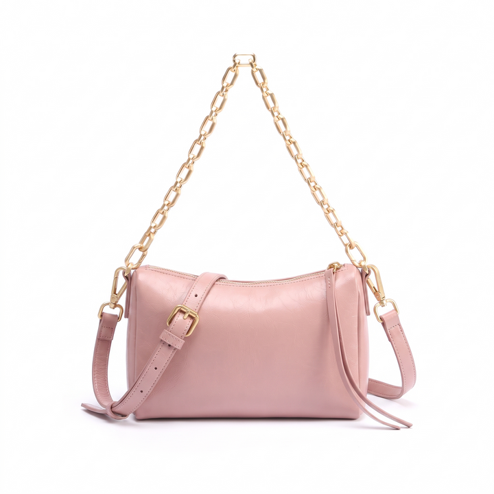 Women's Glossy Faux Leather Chain Shoulder Bag, Dark Green Pillow Bag — Pink