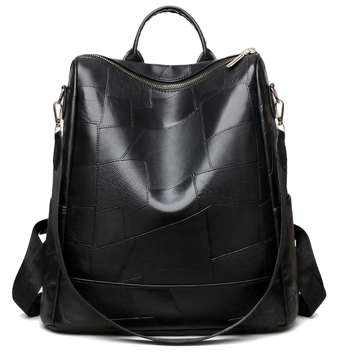 Women's Glossy Faux Leather Patchwork Backpack, front view