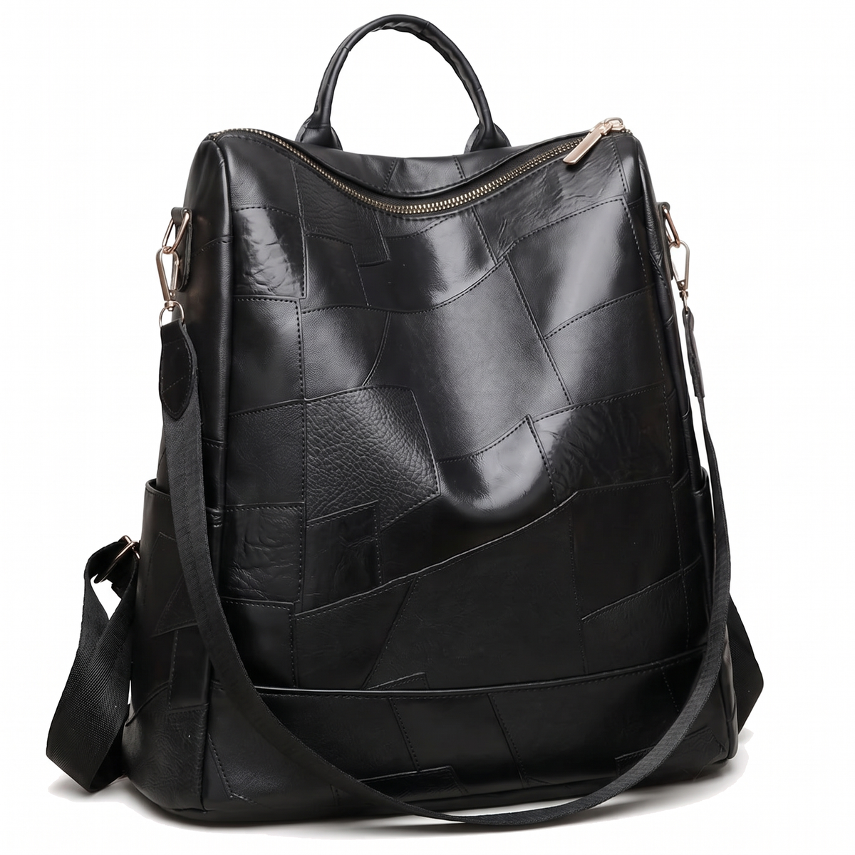 Women's Glossy Faux Leather Patchwork Backpack, three-quarter view