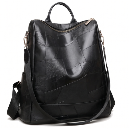 Women's Glossy Faux Leather Patchwork Backpack, three-quarter view