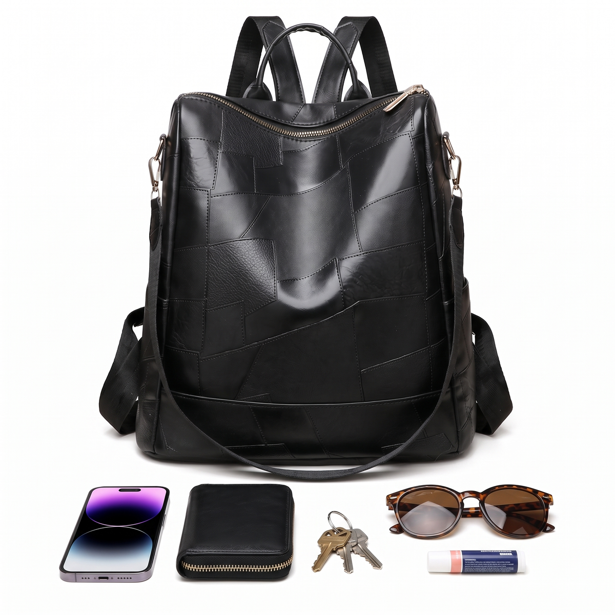 Women's Glossy Faux Leather Patchwork Backpack, what fits inside