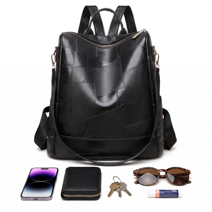 Women's Glossy Faux Leather Patchwork Backpack, what fits inside