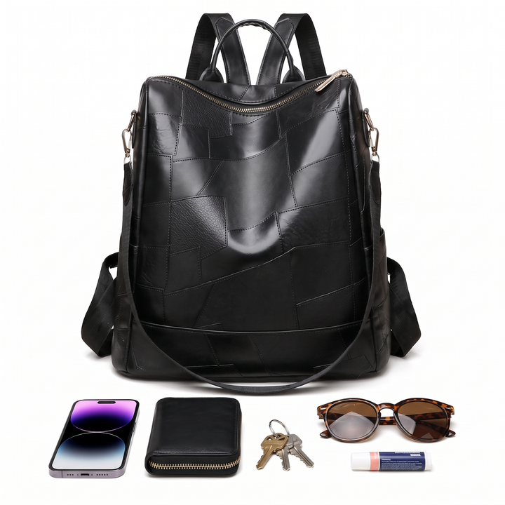 Women's Glossy Faux Leather Patchwork Backpack, what fits inside