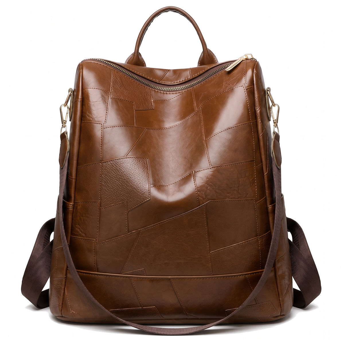 Women's Glossy Faux Leather Patchwork Backpack in Cognac
