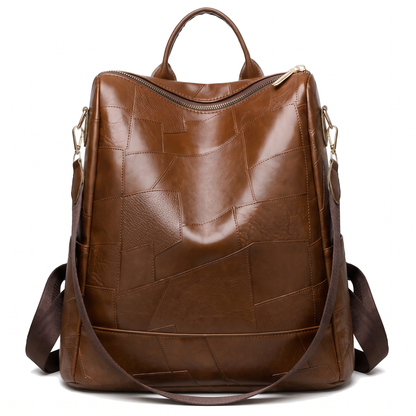Women's Glossy Faux Leather Patchwork Backpack in Cognac