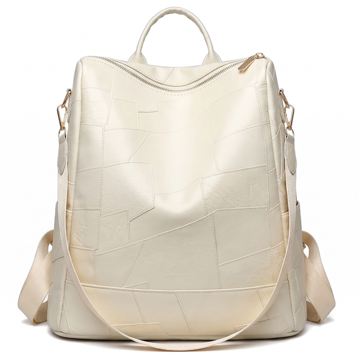 Women's Glossy Faux Leather Patchwork Backpack in Cream