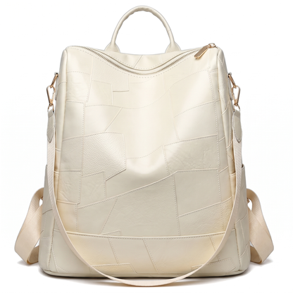 Women's Glossy Faux Leather Patchwork Backpack in Cream