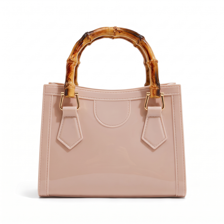 Women's Glossy Jelly Mini Tote Bag, Black Bamboo Handle Top Handle Bag — Nude
