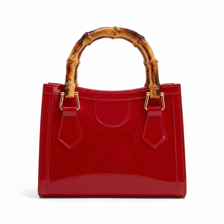 Women's Glossy Jelly Mini Tote Bag, Black Bamboo Handle Top Handle Bag — Red