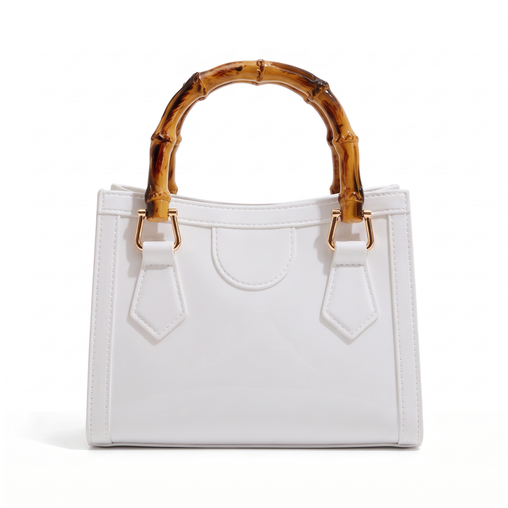 Women's Glossy Jelly Mini Tote Bag, Black Bamboo Handle Top Handle Bag — White