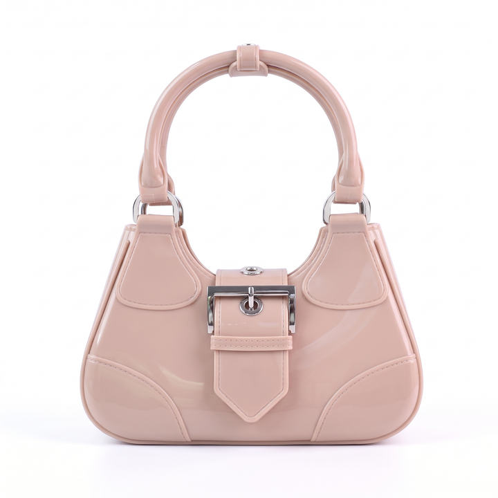 Women's Glossy Jelly Top Handle Bag, Black Y2K Buckle Mini Bag — Blush Beige