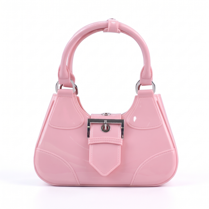 Women's Glossy Jelly Top Handle Bag, Black Y2K Buckle Mini Bag — Pink