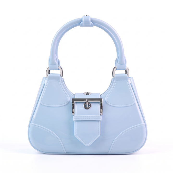 Women's Glossy Jelly Top Handle Bag, Black Y2K Buckle Mini Bag — Sky Blue