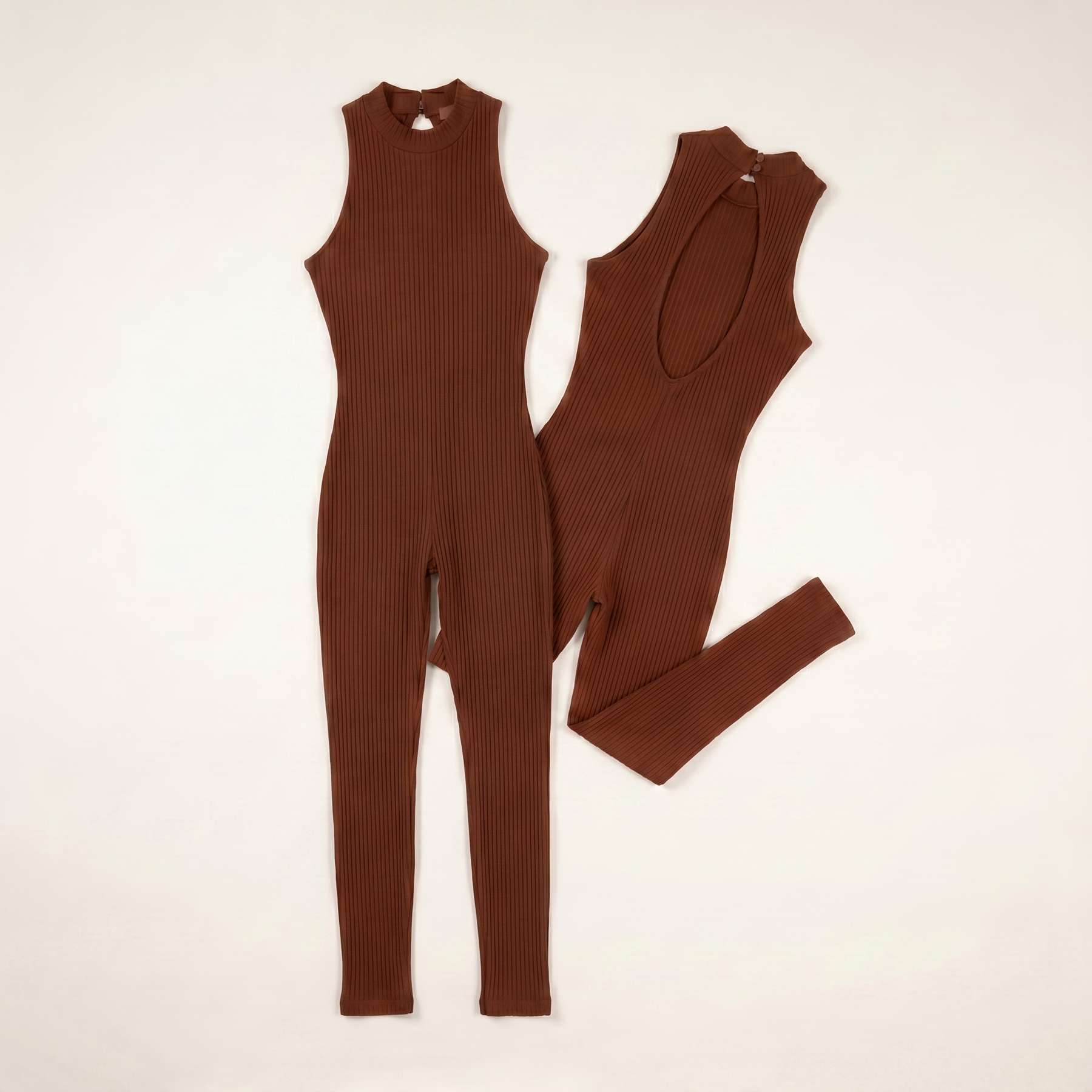 Sunoire womens halter neck backless jumpsuit ribbed knit slim fit sleeveless romper sexy party clubwear colorway brown garment flatlay 01