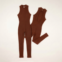 Sunoire womens halter neck backless jumpsuit ribbed knit slim fit sleeveless romper sexy party clubwear colorway brown garment flatlay 01