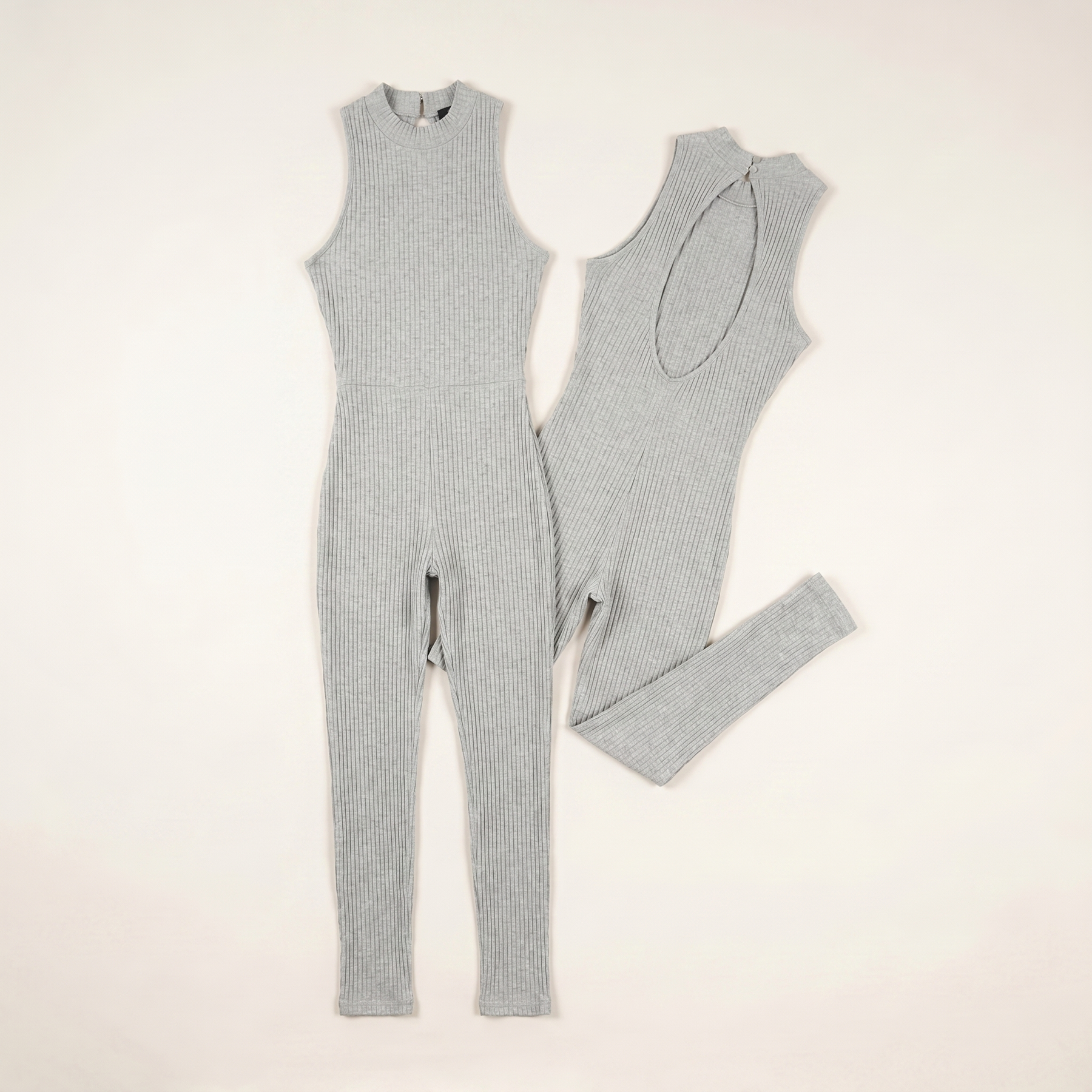 Sunoire womens halter neck backless jumpsuit ribbed knit slim fit sleeveless romper sexy party clubwear colorway light gray garment flatlay 01