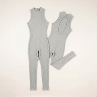 Sunoire womens halter neck backless jumpsuit ribbed knit slim fit sleeveless romper sexy party clubwear colorway light gray garment flatlay 01