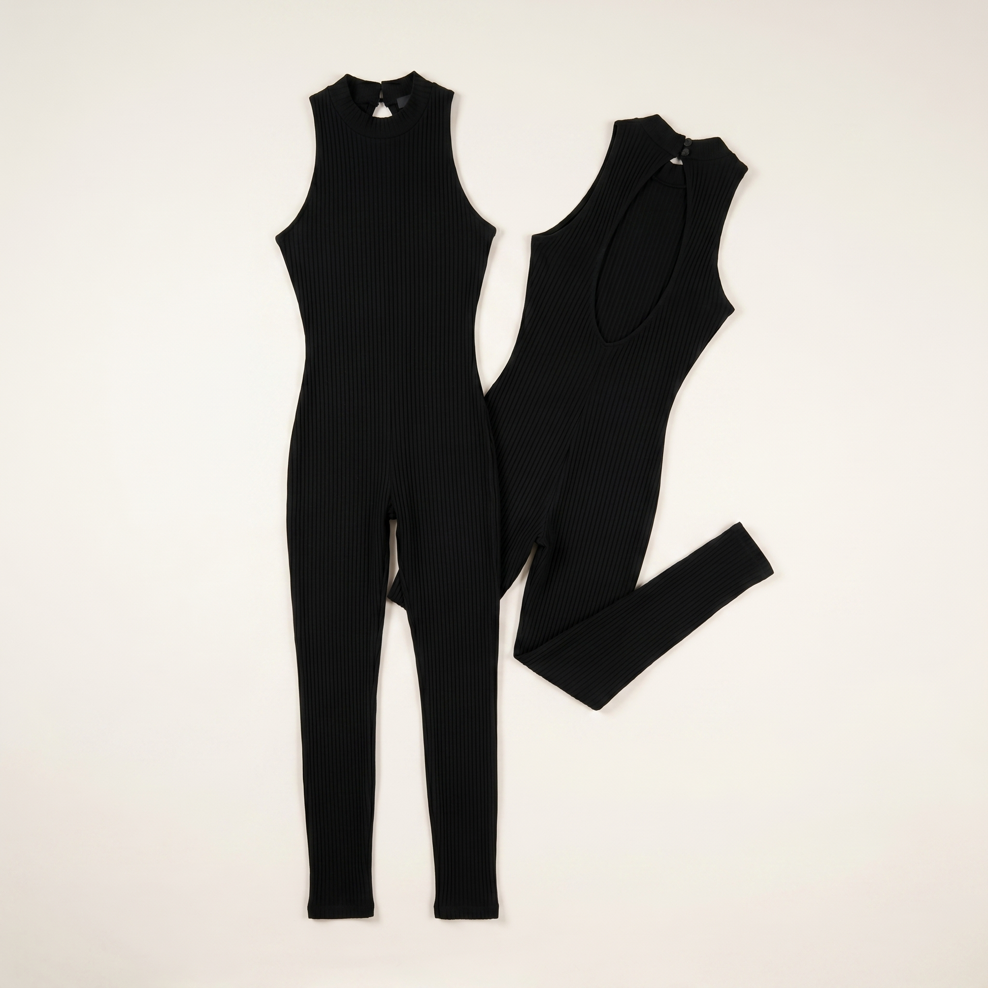 Sunoire womens halter neck backless jumpsuit ribbed knit slim fit sleeveless romper sexy party clubwear garment flatlay 01