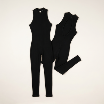 Sunoire womens halter neck backless jumpsuit ribbed knit slim fit sleeveless romper sexy party clubwear garment flatlay 01