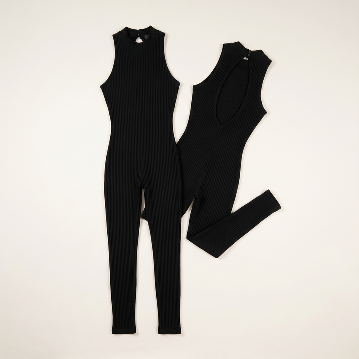 Sunoire womens halter neck backless jumpsuit ribbed knit slim fit sleeveless romper sexy party clubwear garment flatlay 01