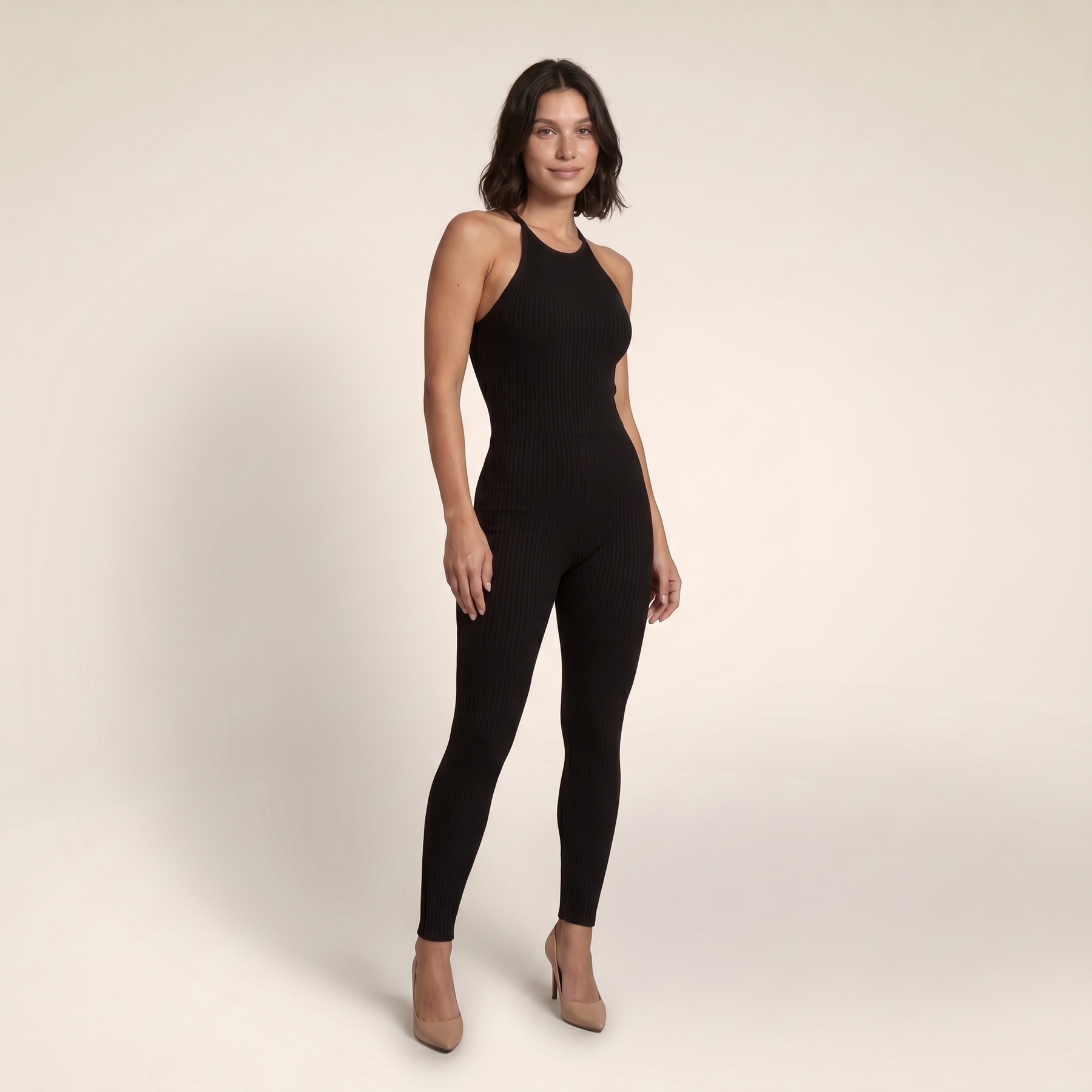 Sunoire womens halter neck backless jumpsuit ribbed knit slim fit sleeveless romper sexy party clubwear three quarter 01