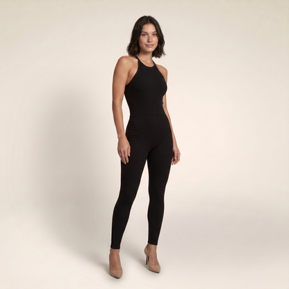 Sunoire womens halter neck backless jumpsuit ribbed knit slim fit sleeveless romper sexy party clubwear three quarter 01