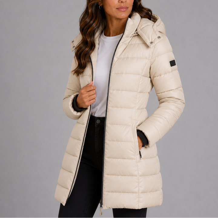 Women's Hooded Quilted Puffer Jacket in Beige