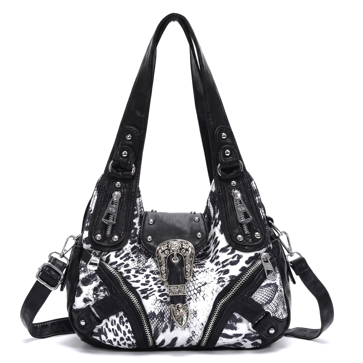 Women's Leopard Print Hobo Bag, Black and White Leopard Western Buckle Shoulder Bag — Black and White Zebra