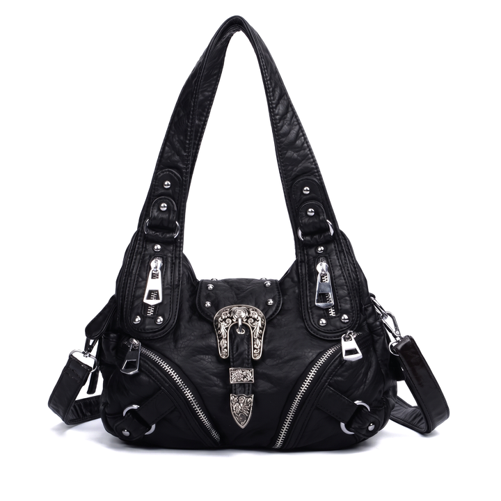 Women's Leopard Print Hobo Bag, Black and White Leopard Western Buckle Shoulder Bag — Black