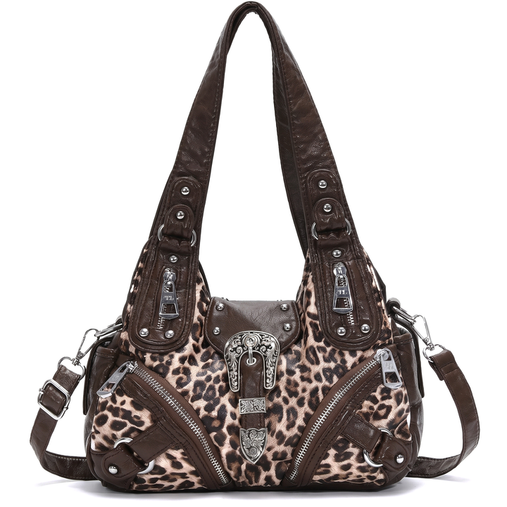 Women's Leopard Print Hobo Bag, Black and White Leopard Western Buckle Shoulder Bag — Brown Leopard