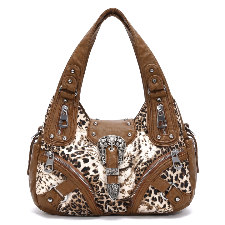Women's Leopard Print Hobo Bag, Black and White Leopard Western Buckle Shoulder Bag — Camel Leopard