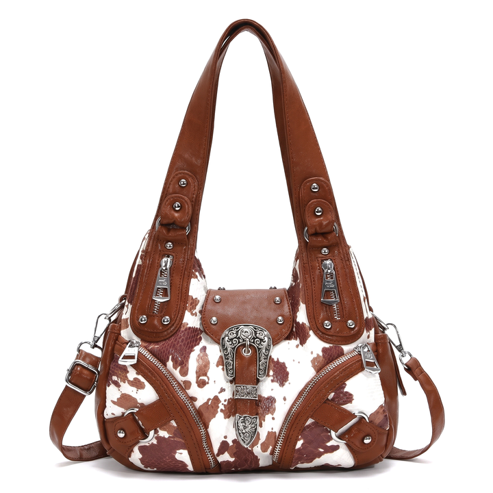 Women's Leopard Print Hobo Bag, Black and White Leopard Western Buckle Shoulder Bag — Cow Print