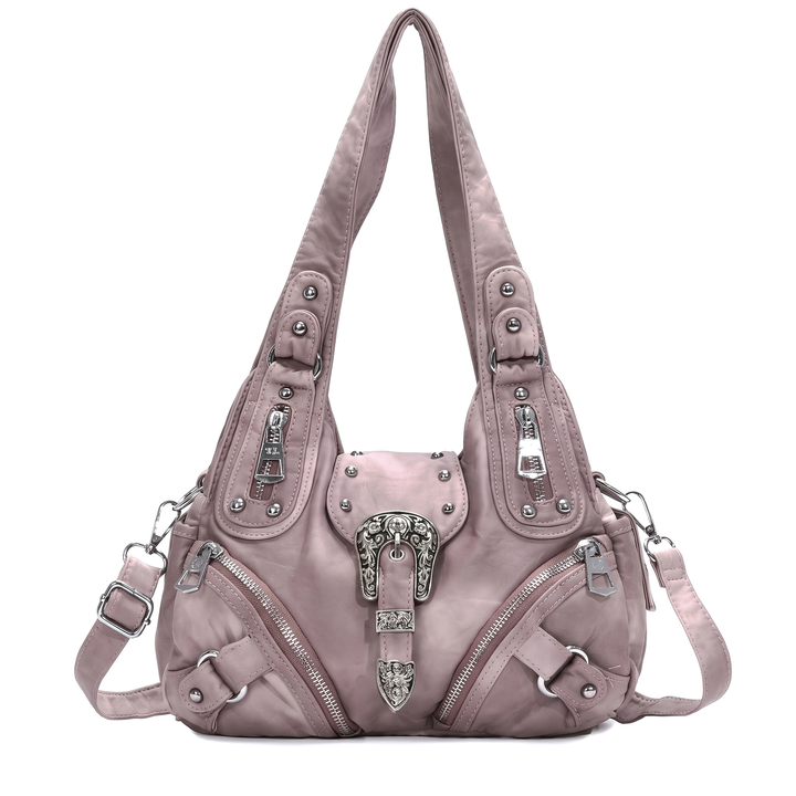 Women's Leopard Print Hobo Bag, Black and White Leopard Western Buckle Shoulder Bag — Mauve