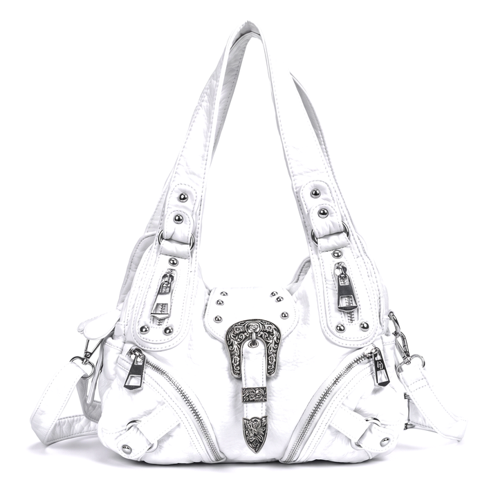 Women's Leopard Print Hobo Bag, Black and White Leopard Western Buckle Shoulder Bag — White