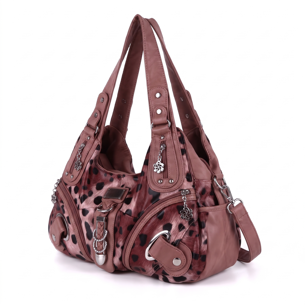 Women's Leopard Print Hobo Bag, three-quarter view
