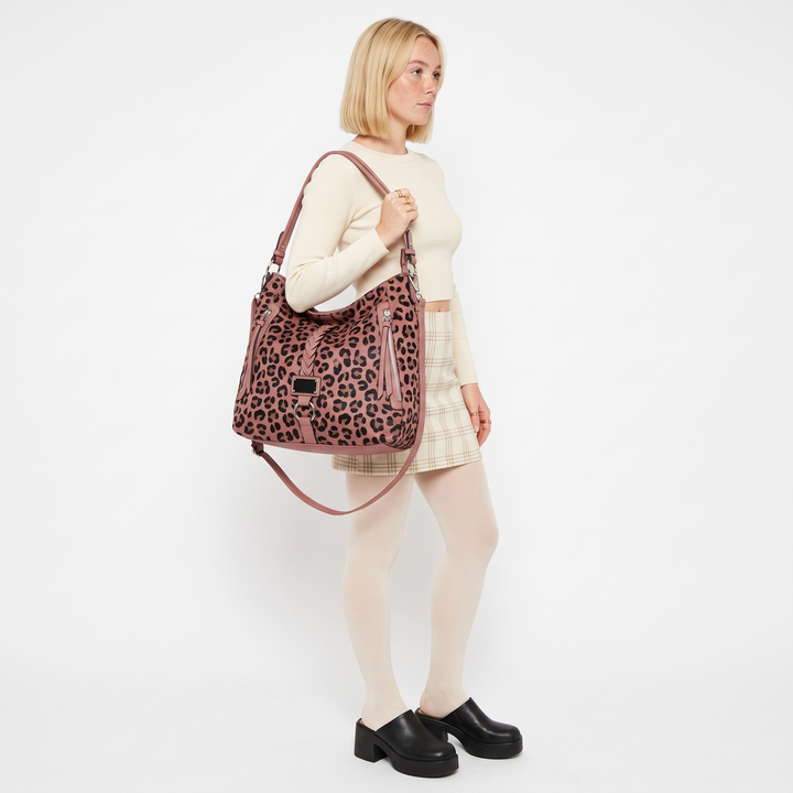 Women's Leopard Print Hobo Bag, worn by a model