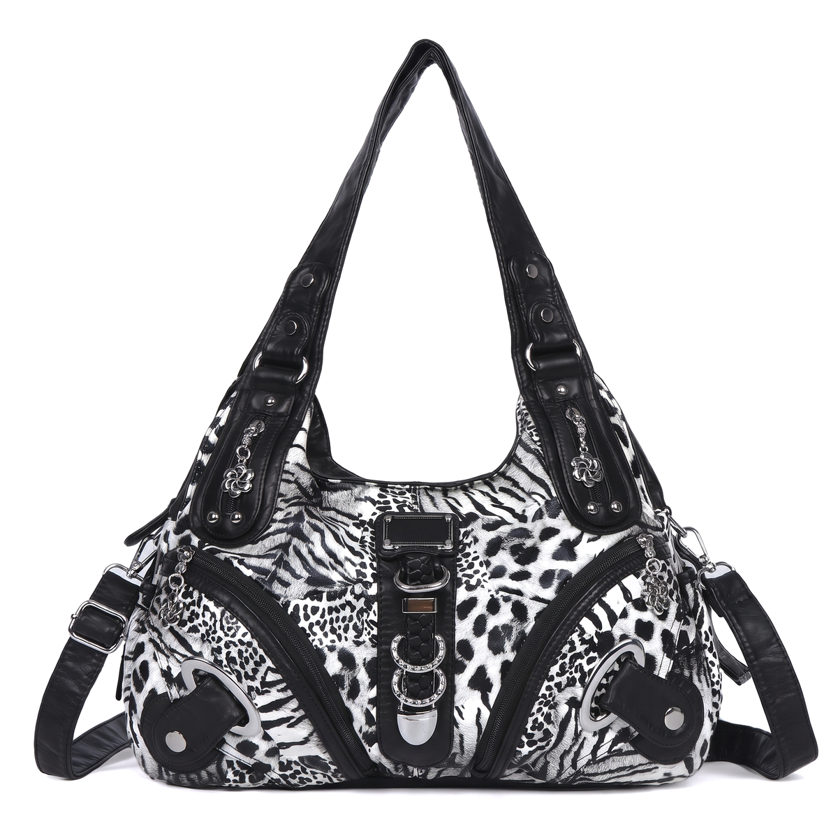 Women's Leopard Print Hobo Bag in Black and White Leopard