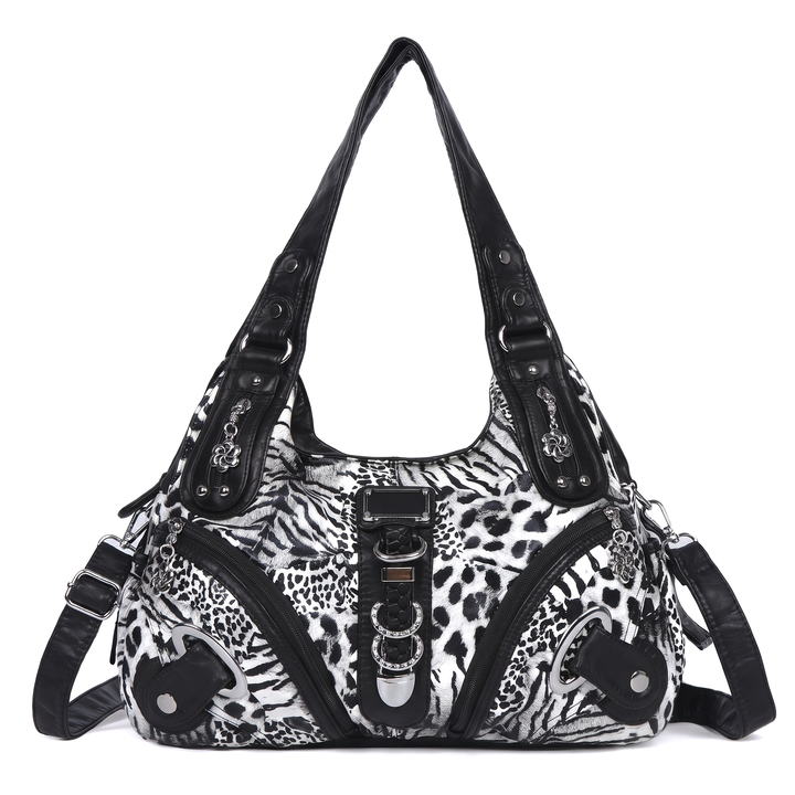Women's Leopard Print Hobo Bag, Pink Leopard Braided Strap Shoulder Bag — Black and White Leopard