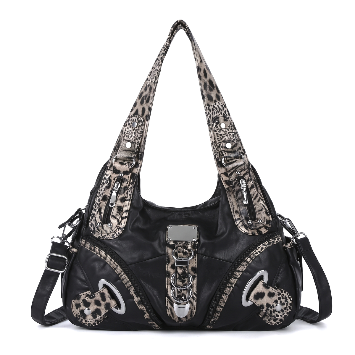 Women's Leopard Print Hobo Bag in Black with Leopard Handles