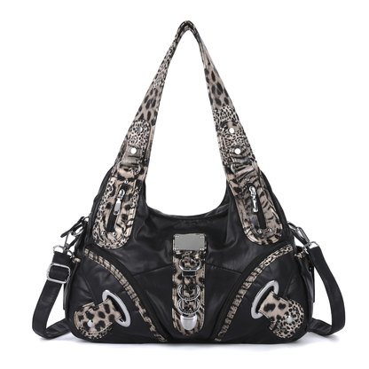 Women's Leopard Print Hobo Bag in Black with Leopard Handles