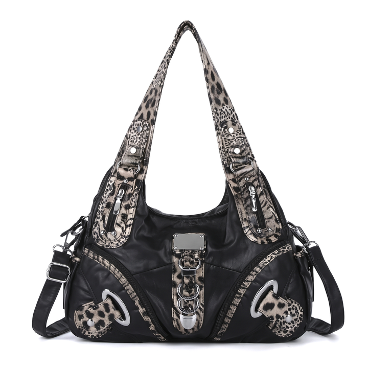 Women's Leopard Print Hobo Bag, Pink Leopard Braided Strap Shoulder Bag — Black with Leopard Handles