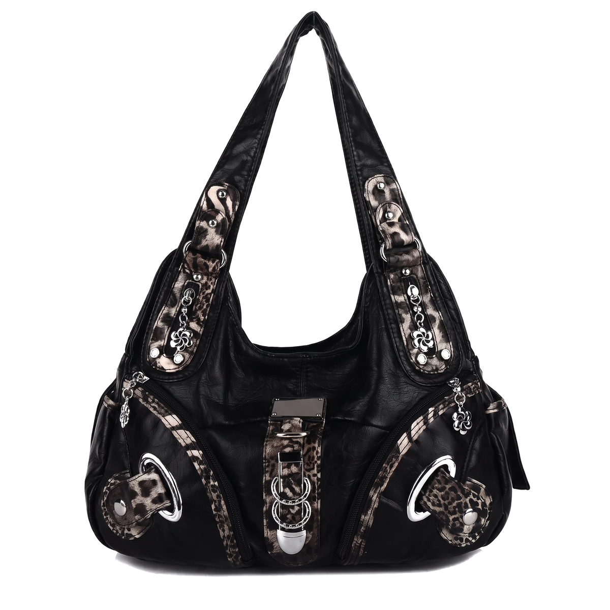 Women's Leopard Print Hobo Bag in Black with Leopard Trim
