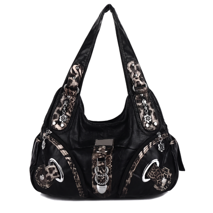 Women's Leopard Print Hobo Bag in Black with Leopard Trim