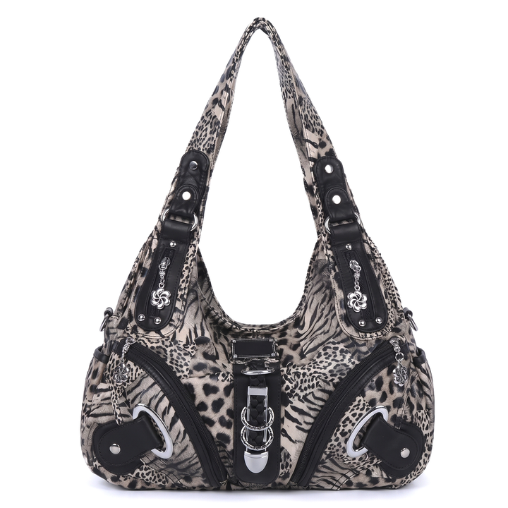 Women's Leopard Print Hobo Bag, Pink Leopard Braided Strap Shoulder Bag — Grey Leopard
