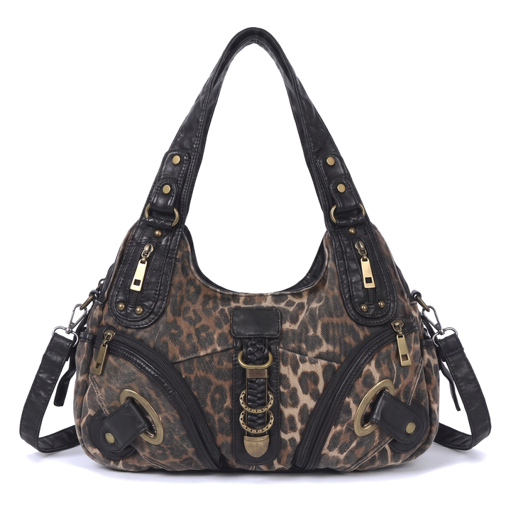 Women's Leopard Print Hobo Bag, Pink Leopard Braided Strap Shoulder Bag — Leopard Denim