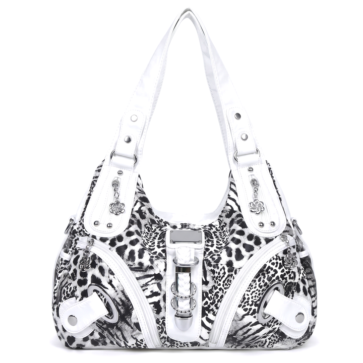 Women's Leopard Print Hobo Bag, Pink Leopard Braided Strap Shoulder Bag — White Leopard