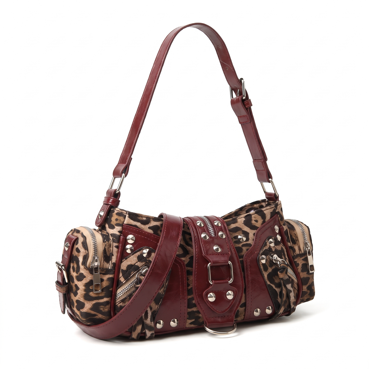 Women's Leopard Print Studded Shoulder Bag, three-quarter view