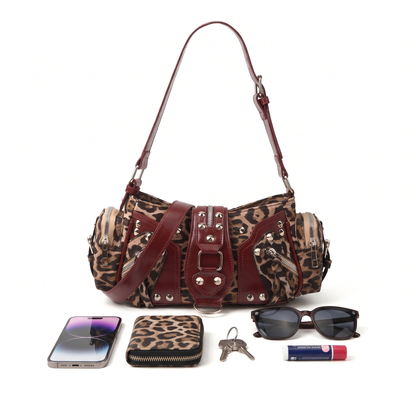 Women's Leopard Print Studded Shoulder Bag, what fits inside