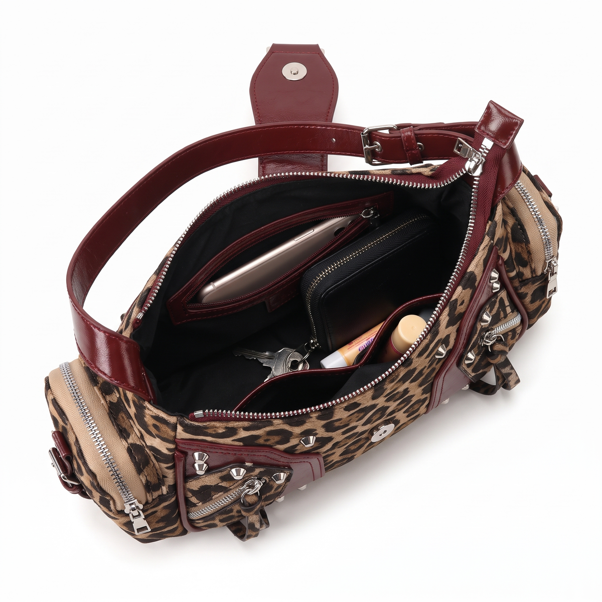 Women's Leopard Print Studded Shoulder Bag, interior
