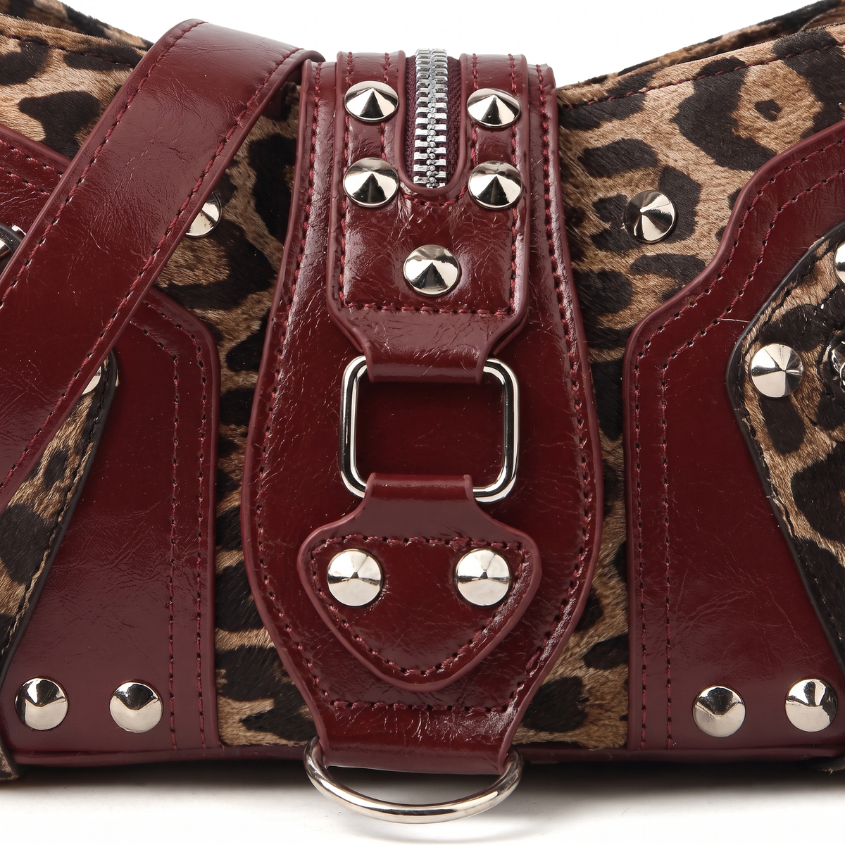 Women's Leopard Print Studded Shoulder Bag, hardware close-up